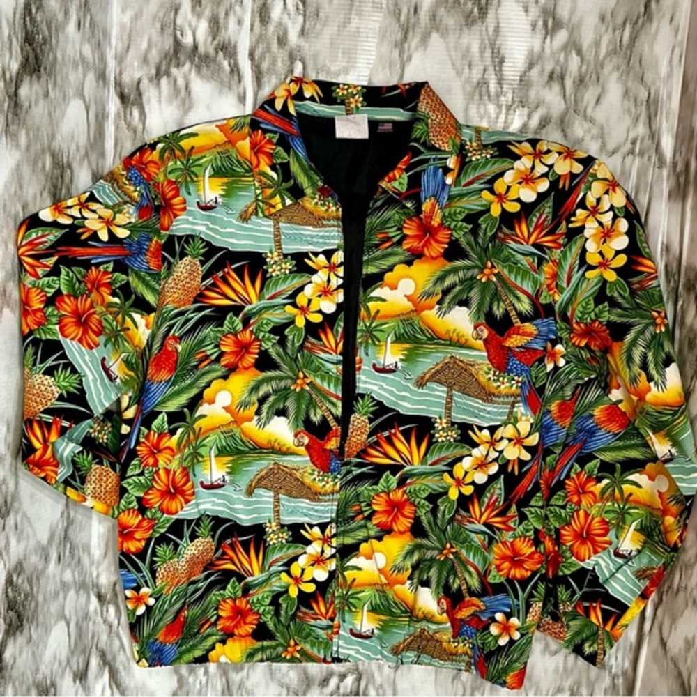 Surf Crush Tiki Vtg Sz S Hawaiian Print Zip Up Jacket CB Casual Macaw Tropical